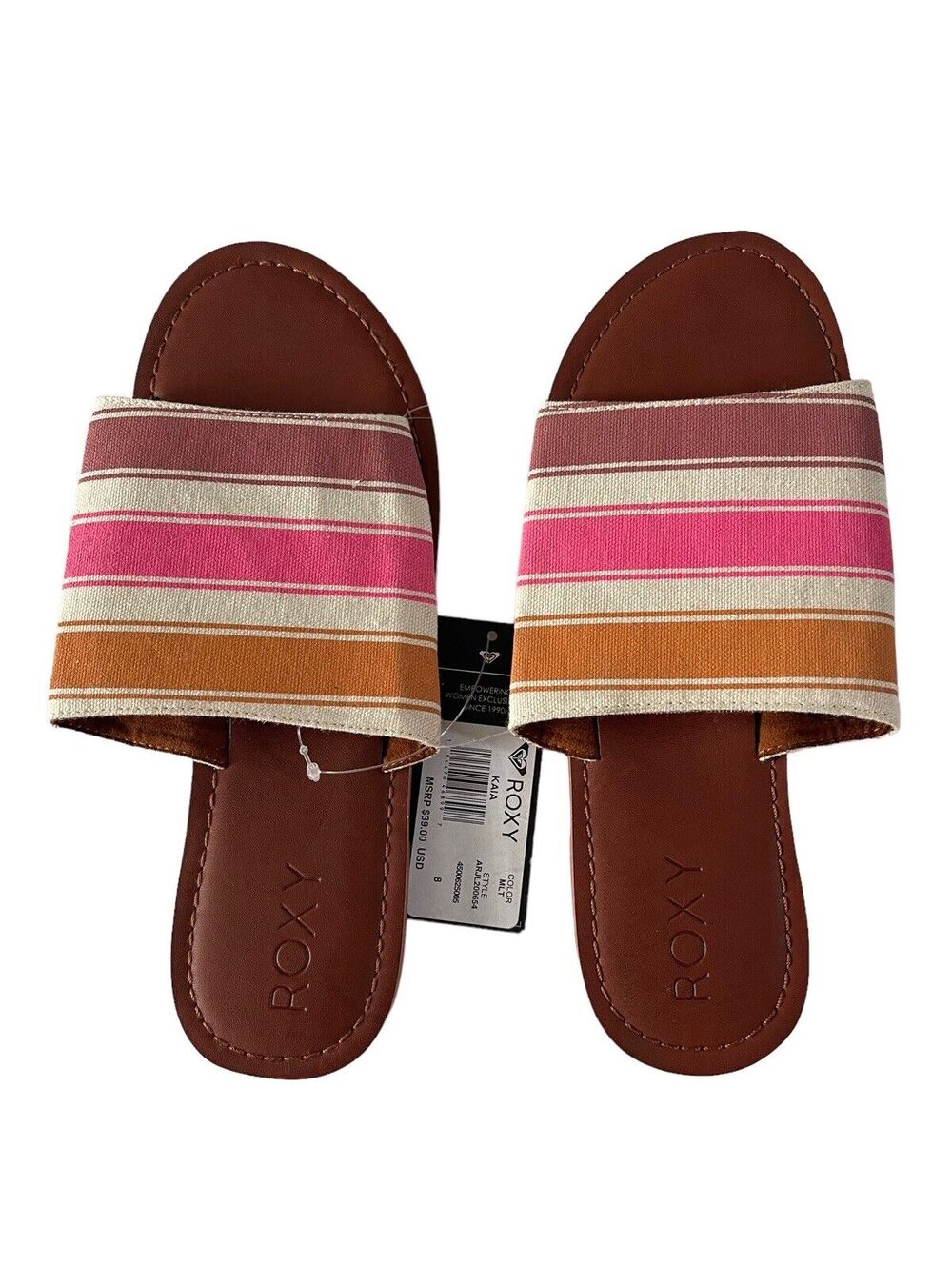 Roxy Womens 8 Kaia Flat Sandals Slides Shoes Pink Mustard Faux Leather NWT #MQ10